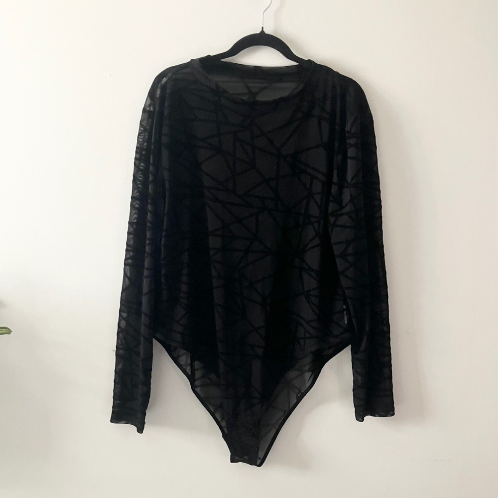 Shein Curve Velvet Burnout Long Sleeve Bodysuit 3XL‎ Black Sheer Mesh Goth